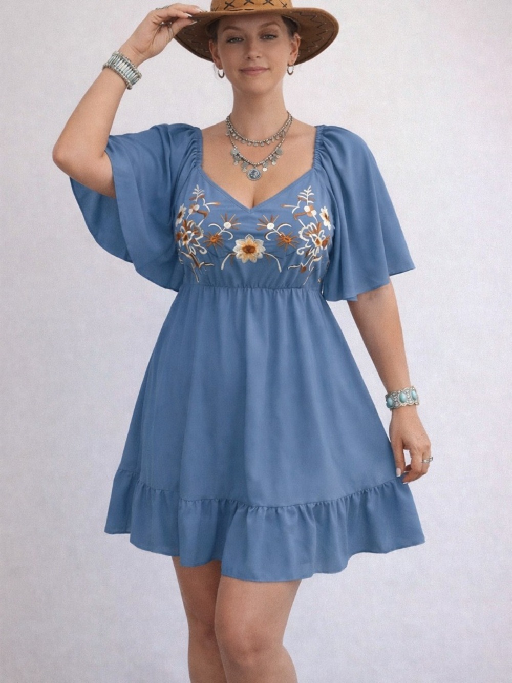 SHEIN Dusty Blue Embroidered Flutter Sleeve Mini Dress - Picture 2 of 3